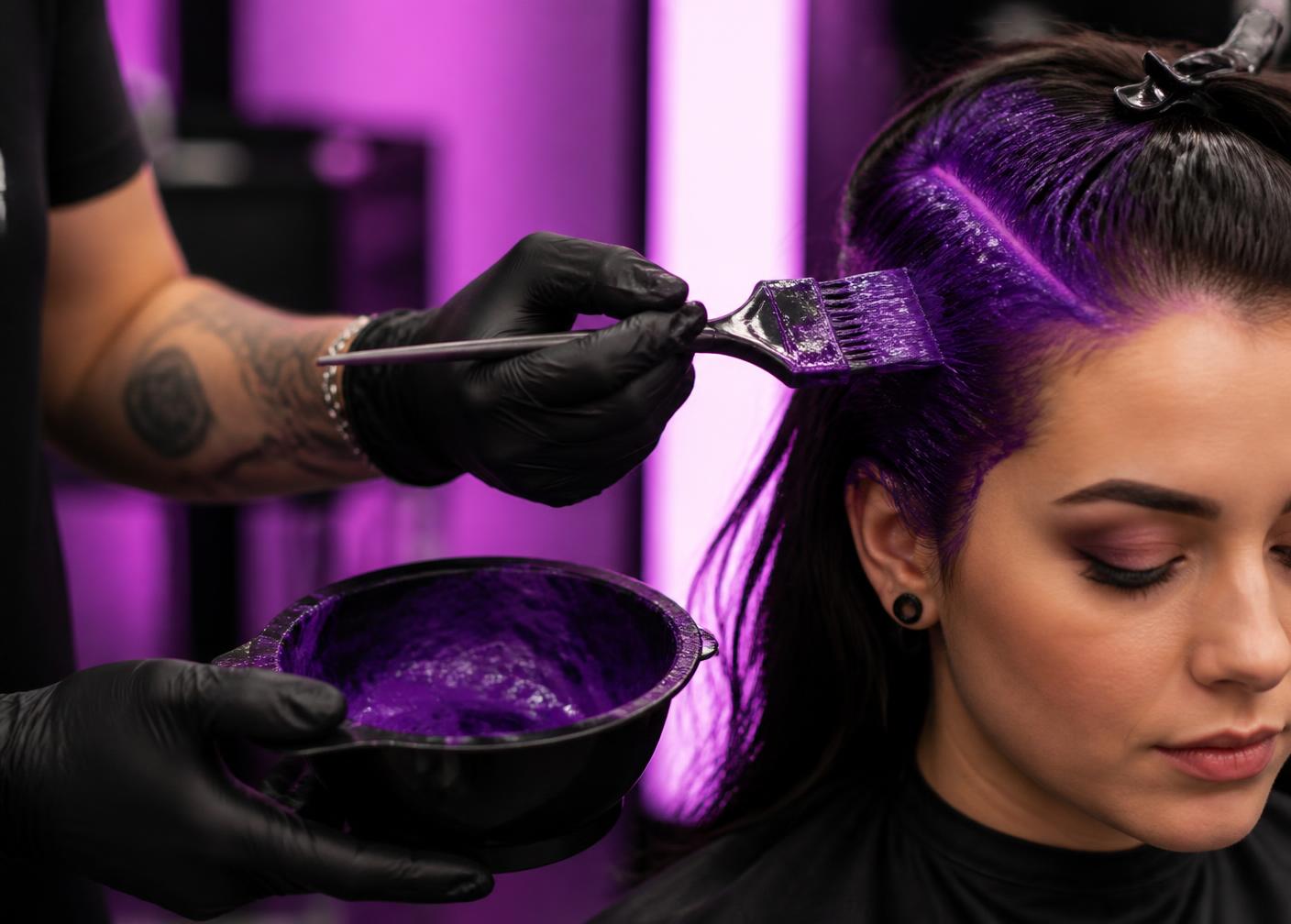 Colorista profesional aplicando coloración violeta
